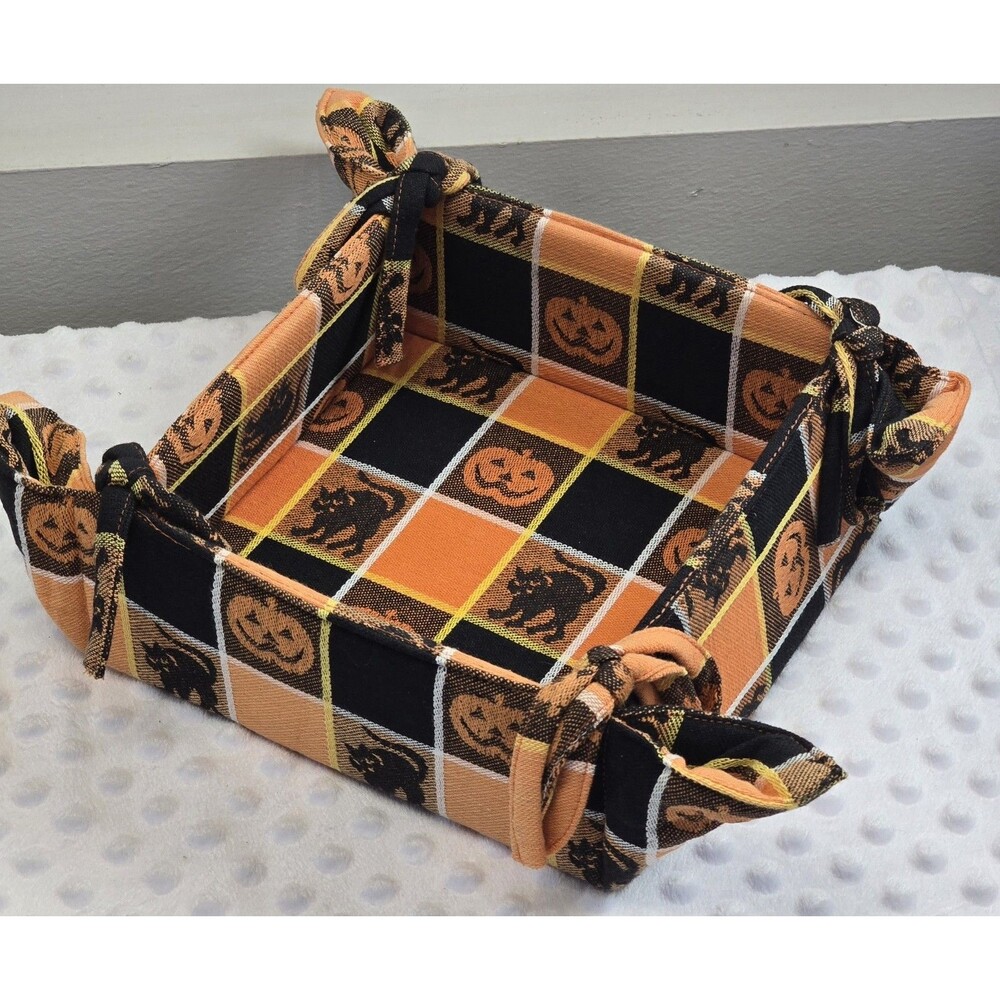 Halloween Fabric Storage Basket Plaid Pumpkins Square Bin Tie Handles Candy Dish